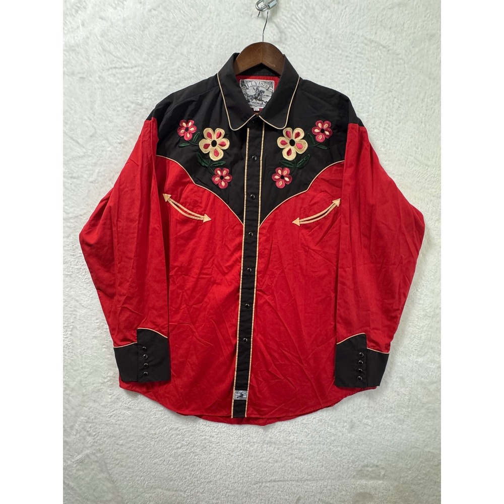 Vintage Ely 1878 Western Shirt XL Red Black Floral Embroidered Snap Cowboy